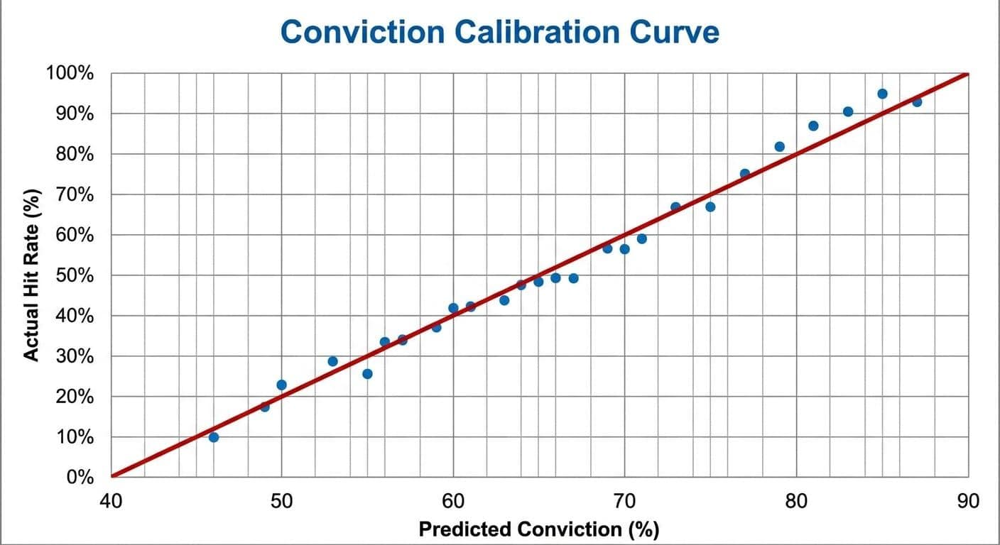 Conviction calibration curve — predicted vs. actual hit rate across 30+ conviction buckets