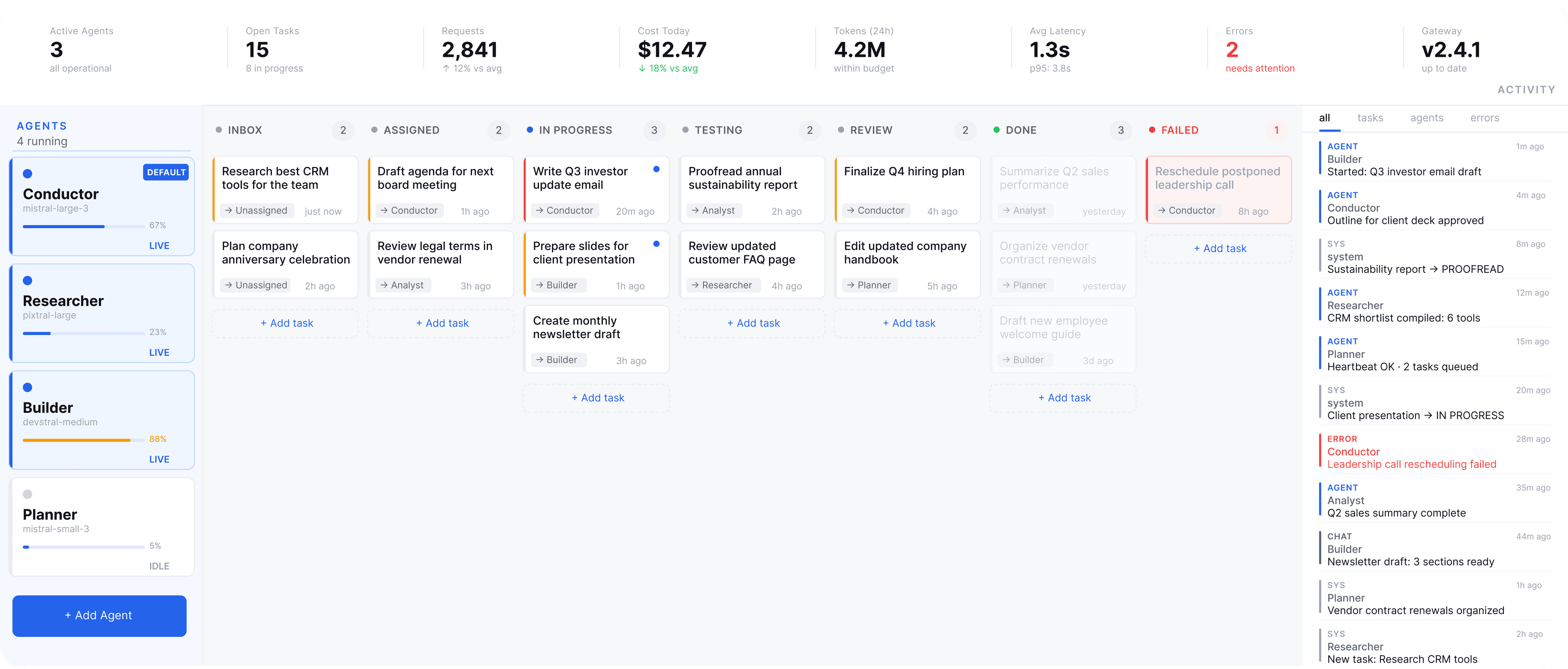 Mission Control desktop dashboard showing kanban task board, agent panel, and activity feed