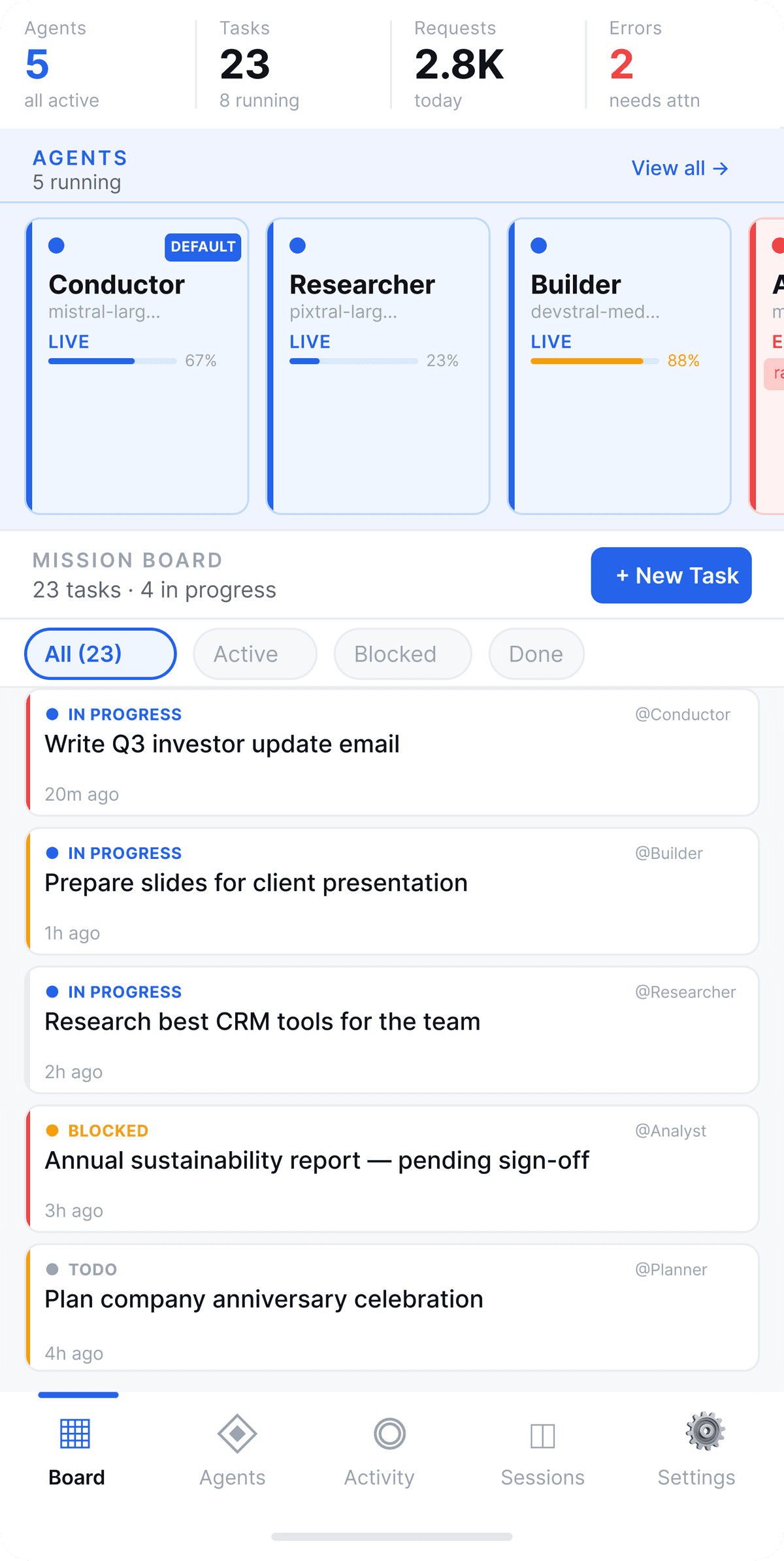 Mission Control mobile dashboard showing agents and task board